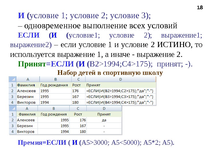 И  ( условие 1; условие 2; условие 3);  –  одновременное выполнение всех условий