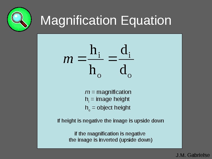 J. M. Gabrielse. Magnification Equationo i d d h h m m = magnification h i