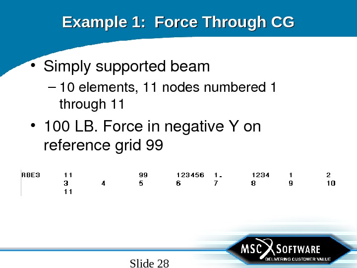 Slide 28 Example 1:  Force Through CG • Simplysupportedbeam – 10 elements, 11 nodesnumbered 1