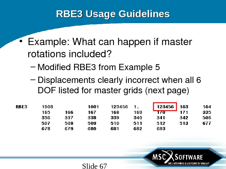 Slide 67 RBE 3 Usage Guidelines • Example: Whatcanhappenifmaster rotationsincluded? – Modified. RBE 3 from. Example