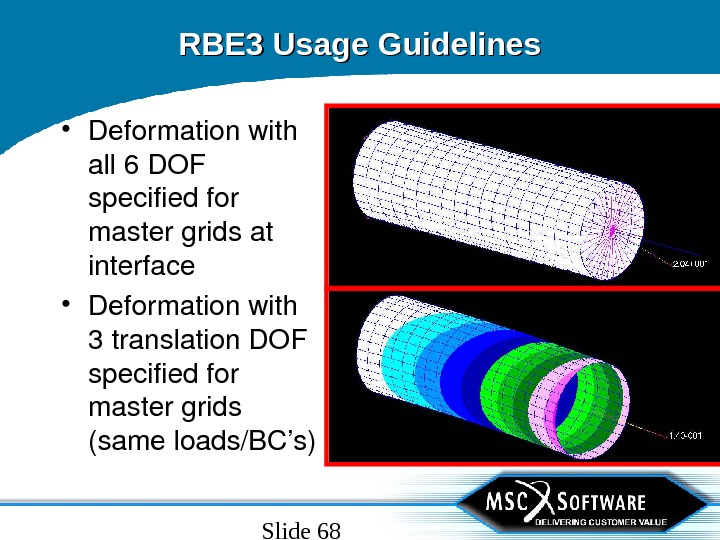 Slide 68 RBE 3 Usage Guidelines • Deformationwith all 6 DOF specifiedfor mastergridsat interface • Deformationwith