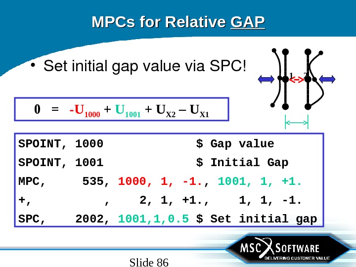Slide 86 MPCs for Relative GAPGAP • Setinitialgapvaluevia. SPC! 1 2 SPOINT, 1000   $