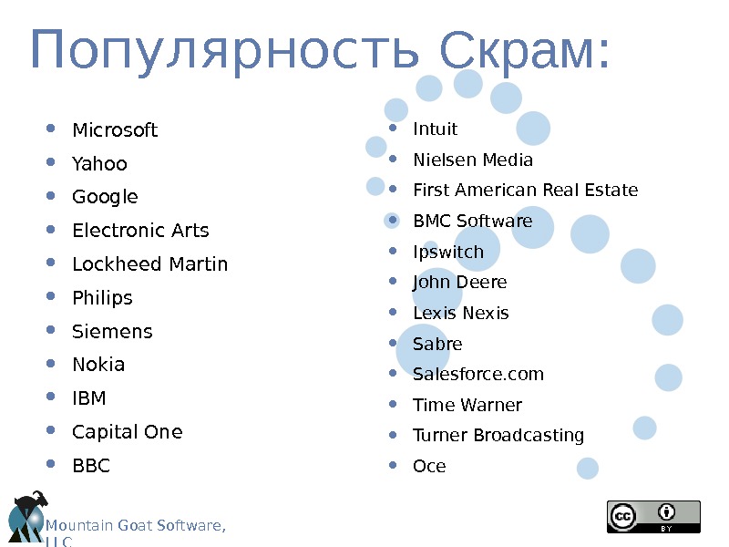 Mountain Goat Software,  LLCПопулярность Скрам :  • Microsoft • Yahoo • Google • Electronic