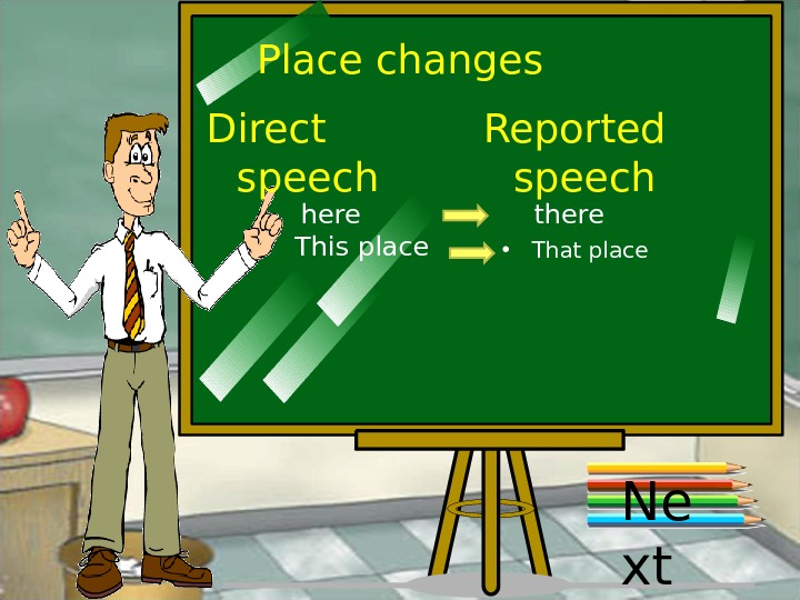 Place changes Direct speech Reported speech here there This place • That place Ne xt 