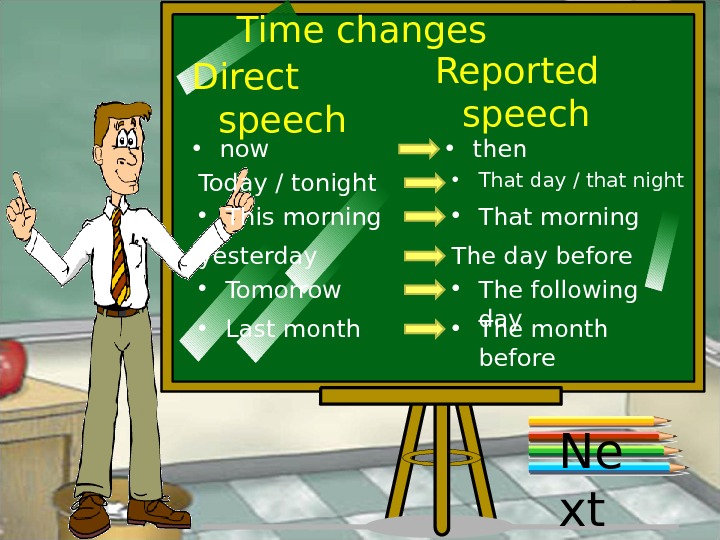 Time changes Direct speech Reported speech • now • then Today / tonight • That day