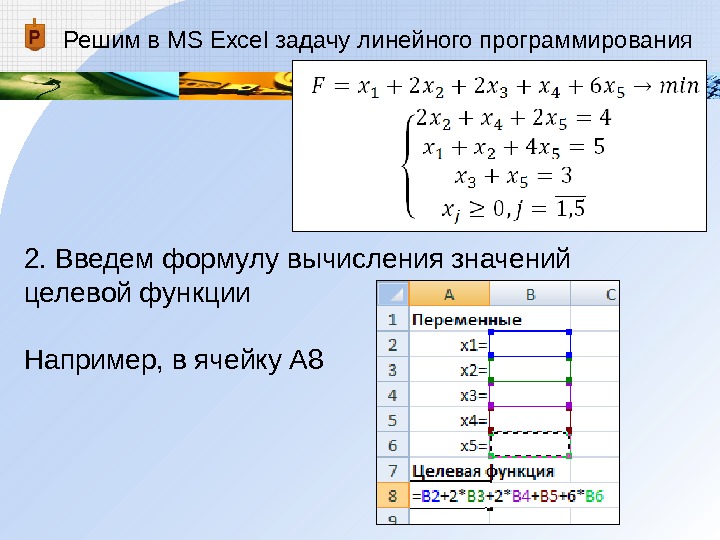 Решим в MS Excel задачу линейного программирования 2. Введем формулу вычисления значений целевой функции  Например,