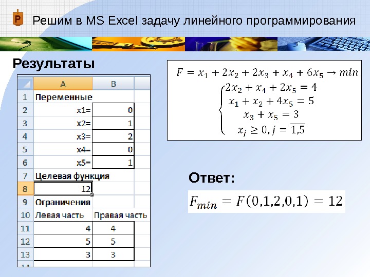 Решим в MS Excel задачу линейного программирования Результаты Ответ: 