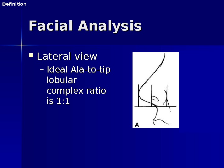 Facial Analysis Lateral view – Ideal Ala-to-tip lobular complex ratio is 1: 1 Definition 