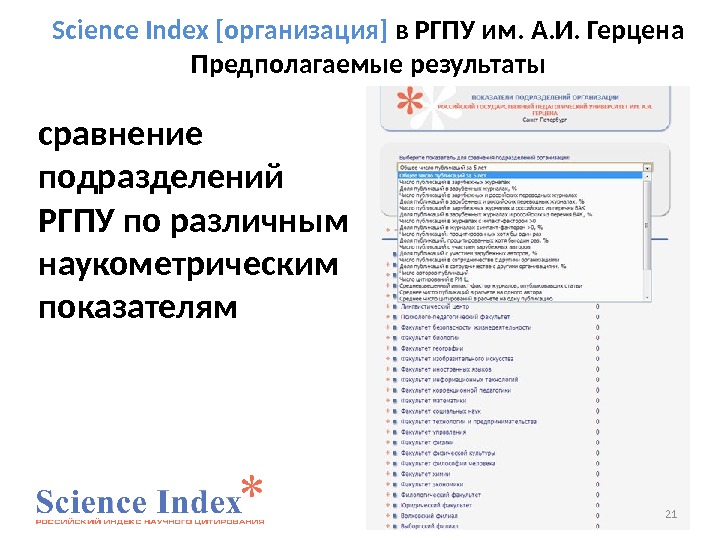 Science Index [организация] в РГПУ им. А. И. Герцена Предполагаемые результаты сравнение подразделений РГПУ по различным