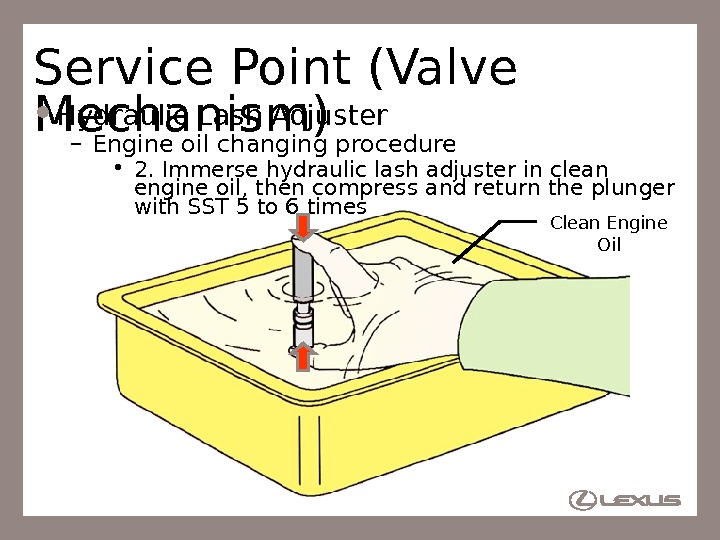 29 Service Point (Valve Mechanism) Hydraulic Lash Adjuster – Engine oil changing procedure • 2. Immerse