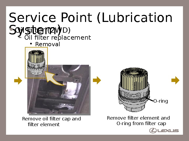 35 Service Point (Lubrication System) Oil Filter (2 WD) – Oil filter replacement • Removal Remove