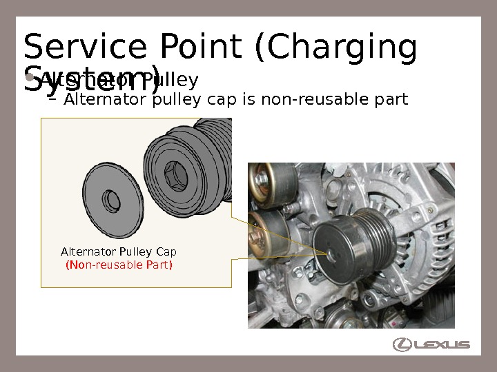 67 Service Point (Charging System) Alternator Pulley – Alternator pulley cap is non-reusable part Alternator Pulley