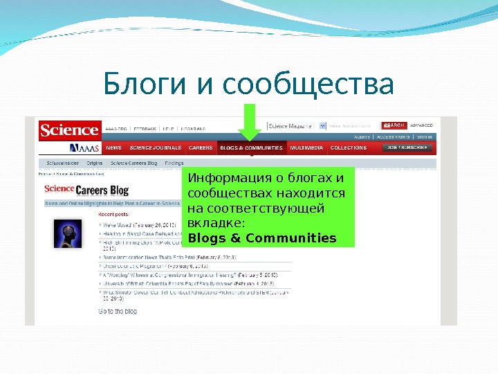 Блоги и сообщества Информация о блогах и сообществах находится на соответствующей вкладке:  Blogs & Communities