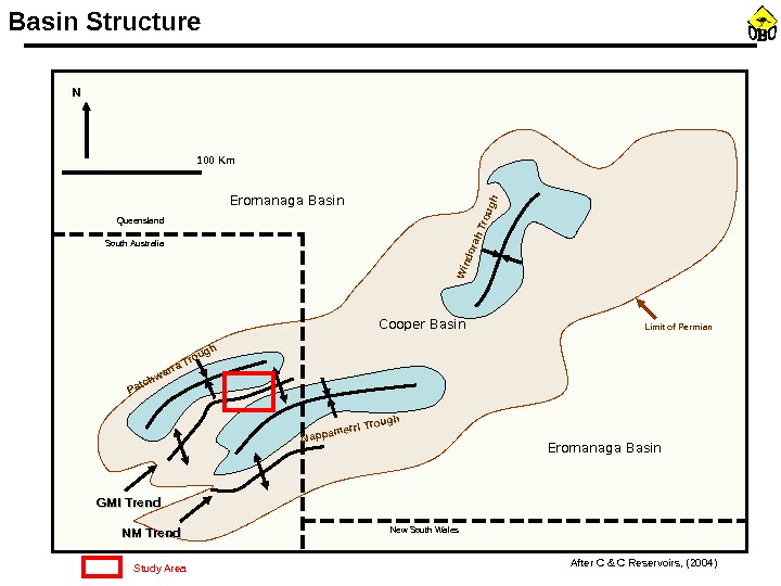 Basin Structure After C & C Reservoirs, (2004)Cooper Basin. NN 100 Km Queensland South Australia New