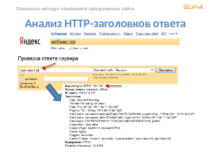 Основные методы поискового продвижения сайта Анализ HTTP -заголовков ответа 