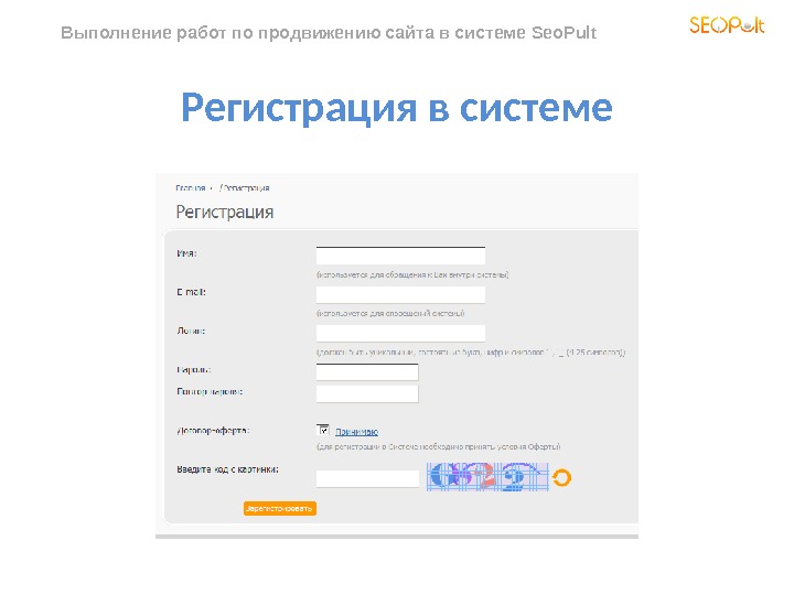 Выполнение работ по продвижению сайта в системе Seo. Pult  Регистрация в системе 