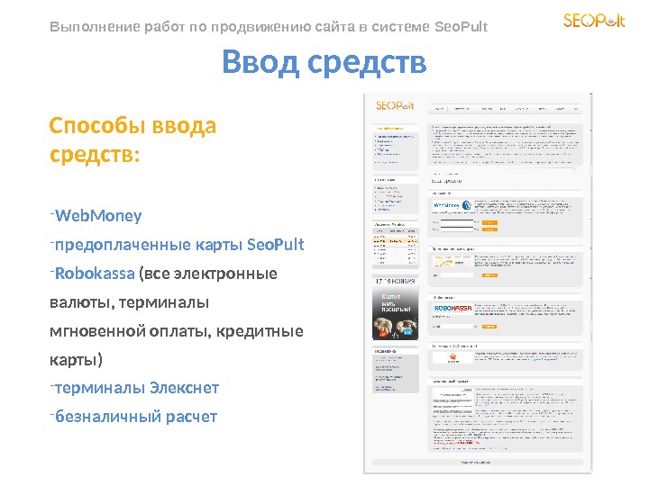 Выполнение работ по продвижению сайта в системе Seo. Pult  Ввод средств Способы ввода средств :
