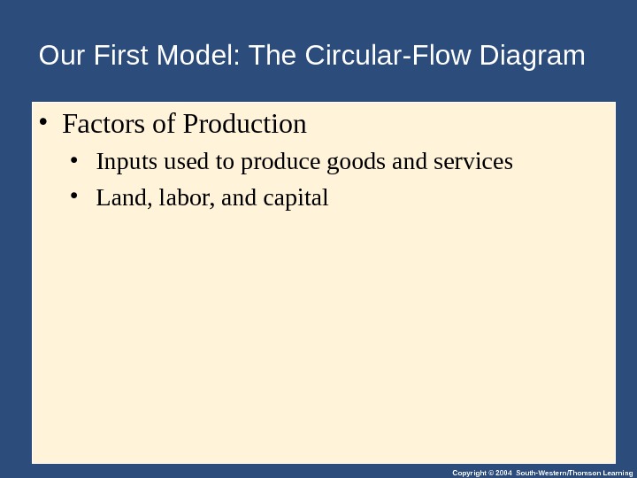 Copyright © 2004 South-Western/Thomson Learning. Our First Model: The Circular-Flow Diagram • Factors of Production •