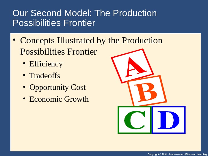 Copyright © 2004 South-Western/Thomson Learning. Our Second Model: The Production Possibilities Frontier • Concepts Illustrated by