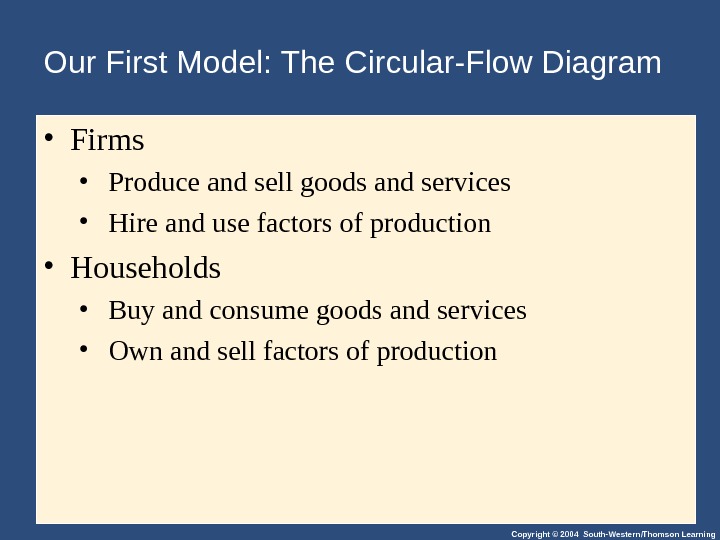 Copyright © 2004 South-Western/Thomson Learning. Our First Model: The Circular-Flow Diagram • Firms •  Produce