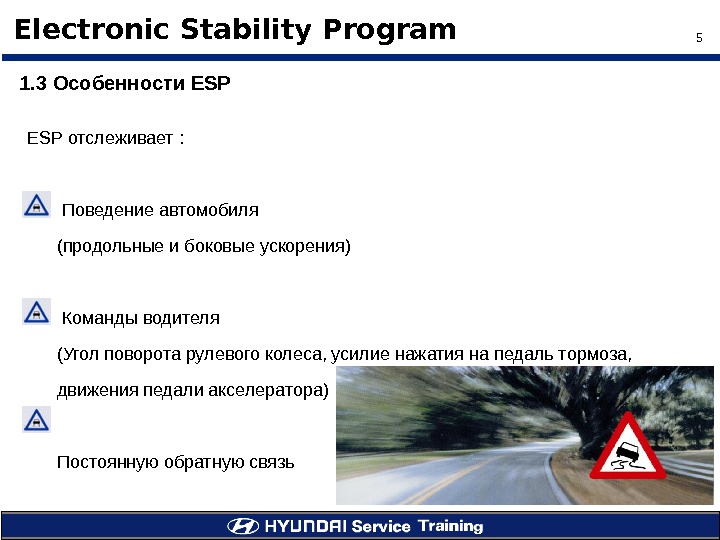 5Electronic Stability Program 1. 3 Особенности ESP отслеживает :  Поведение автомобиля  ( продольные и