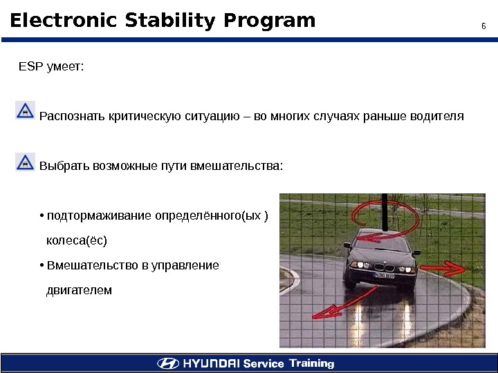 6Electronic Stability Program ESP умеет : Распознать  критическую ситуацию – во многих случаях раньше водителя