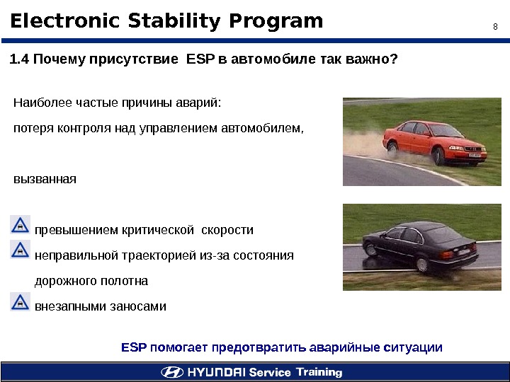 8Electronic Stability Program 1. 4 Почему присутствие  ESP в автомобиле так важно ? Наиболее частые