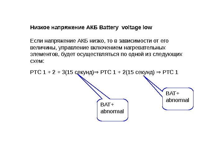   Низкое напряжение АКБ Battery voltage low Если напряжение АКБ низко, то в зависимости от