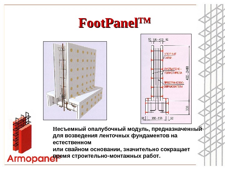 Foot. Panel TMTM  Н есъемный опалубочный модуль, предназначен Н ый для возведения ленточных фундаментов на