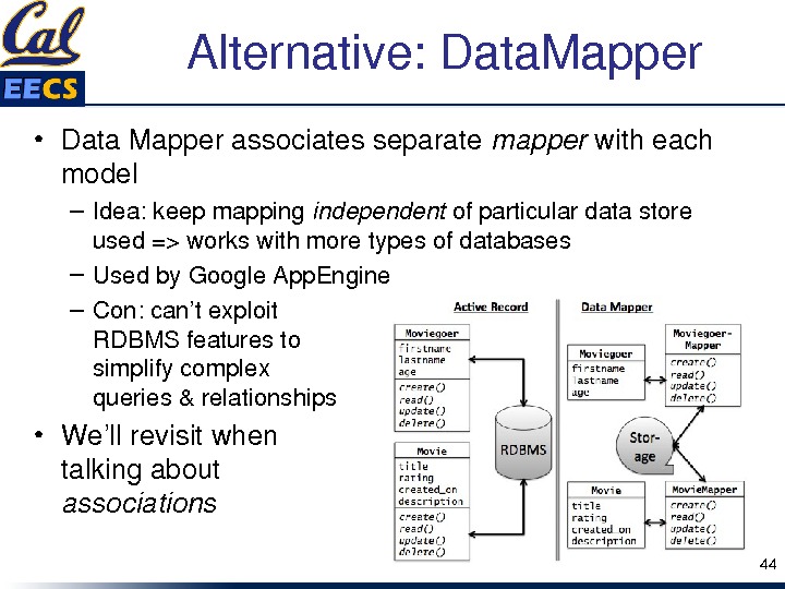 Alternative: Data. Mapper • Data. Mapperassociatesseparate mapper witheach model – Idea: keepmapping independent ofparticulardatastore used=workswithmoretypesofdatabases –