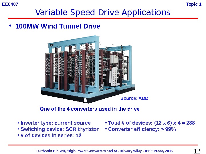 12  Textbook: Bin Wu, ‘High-Power Converters and AC Drives’, Wiley - IEEE Press, 2006 EE