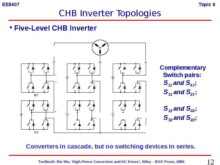 12  Textbook: Bin Wu, ‘High-Power Converters and AC Drives’, Wiley - IEEE Press, 2006 EE