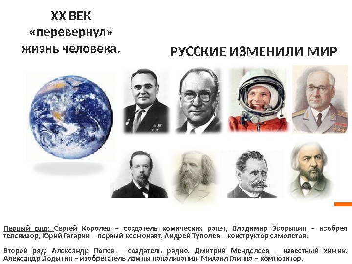   Первый ряд:  Сергей Королев – создатель комических ракет,  Владимир Зворыкин –