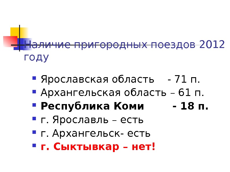   Наличие пригородных поездов 2012 году Ярославская область  - 71 п.  Архангельская область