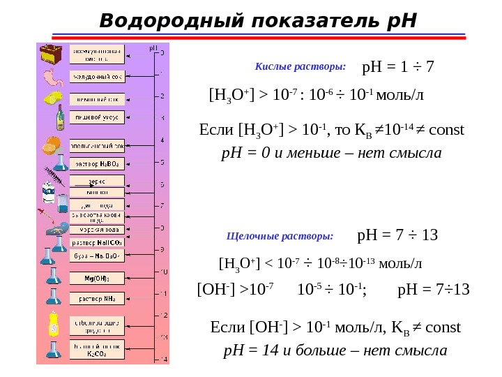 Водородный показатель p. H  Кислые растворы: [H 3 O + ]  10 -7 :