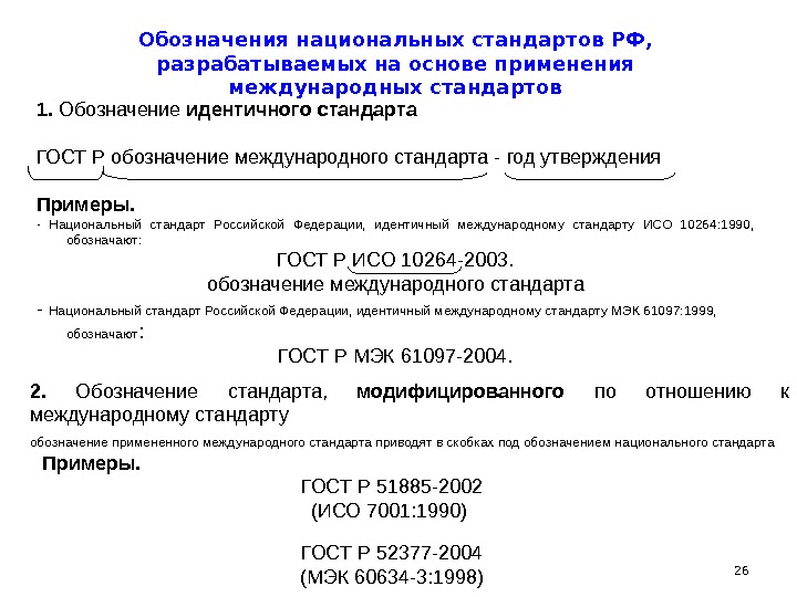 26 Обозначения национальных стандартов РФ,  разрабатываемых на основе применения международных стандартов 1.  Обозначение идентичного