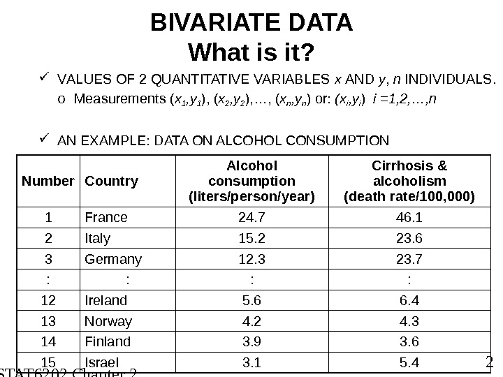  STAT 6202 Chapter 2 2012/2013 2 BIVARIATE DATA What is it?  V ALUES OF