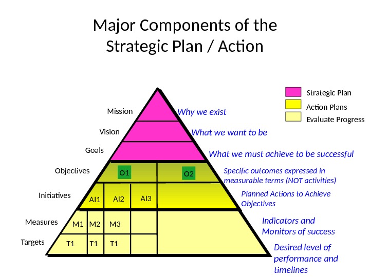 Major Components of the Strategic Plan / Action Mission Vision Goals Objectives Measures Why we exist