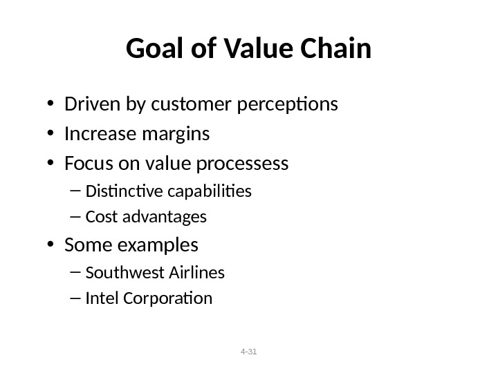4 - 31 Goal of Value Chain • Driven by customer perceptions • Increase margins •