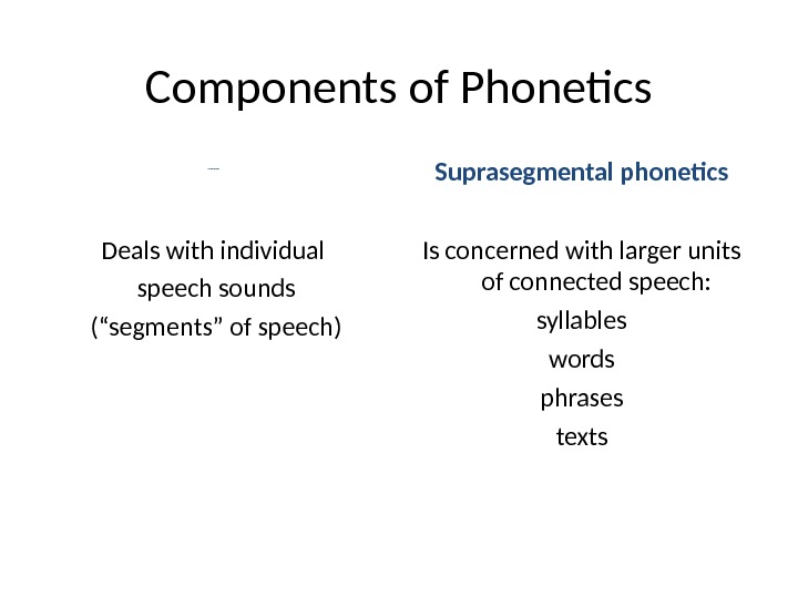 Components of Phonetics Se g me nta l phonetics Deals with individual speech sounds (“segments” of