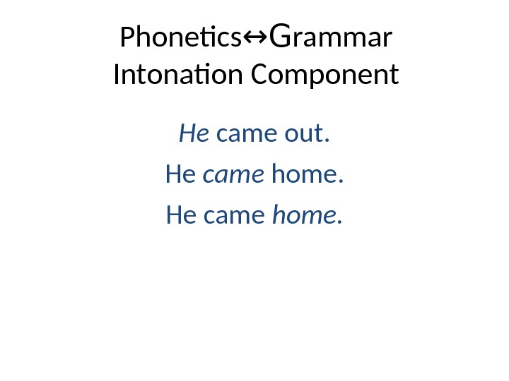 Phonetics ↔G rammar Intonation Component He came out. He came home.  