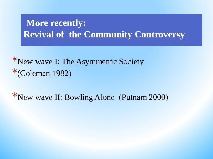  More recently:  Revival of the Community Controversy * New wave I: The Asymmetric Society