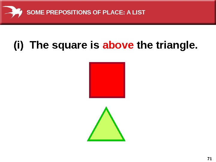 71(i) The square is above  the triangle. SOME PREPOSITIONS OF PLACE: A LIST 