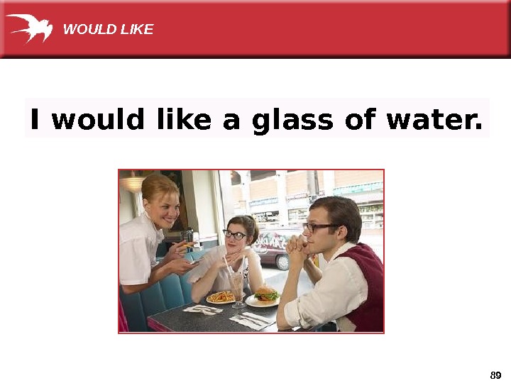 89 I would like a glass of water. WOULD LIKE 