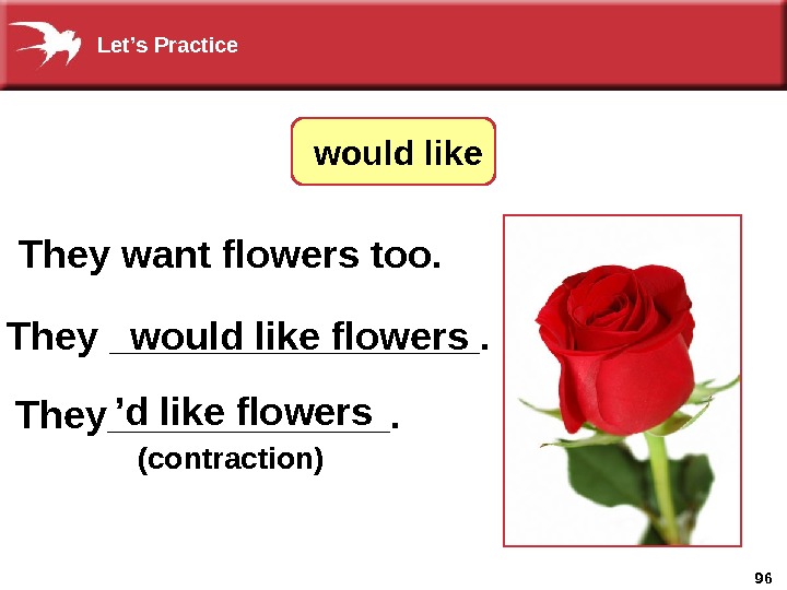 96 They want flowers too. They _________. (contraction)would like flowers They_______. ’ d like flowers 