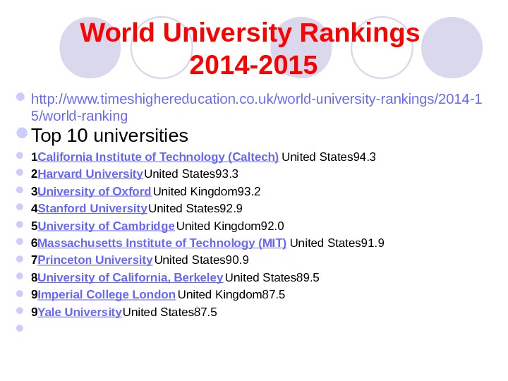 World University Rankings 2014 -2015 http: //www. timeshighereducation. co. uk/world-university-rankings/2014 -1 5/world-ranking Top 1 0 universities