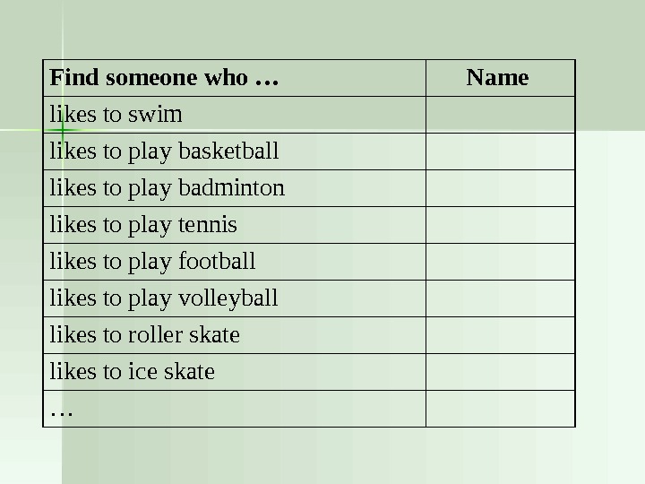 Find someone who …  Name  likes to swim  likes to play basketball 