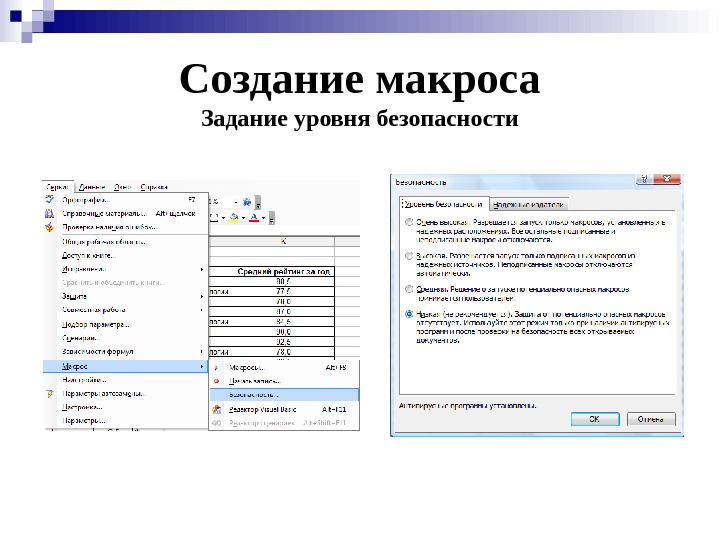 Создание макроса Задание уровня безопасности 