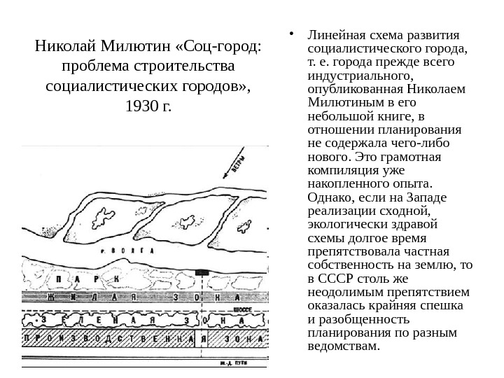 Николай Милютин «Соц-город:  проблема строительства социалистических городов» ,  1930 г.  • Линейная схема