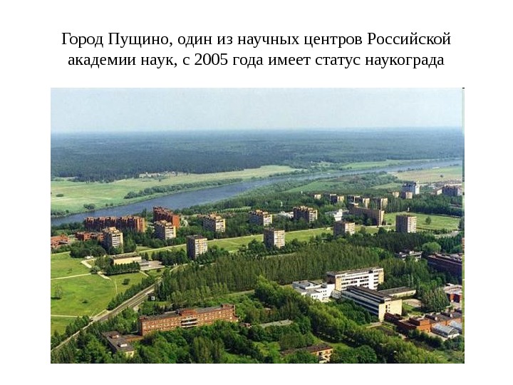 Город Пущино, один из научных центров Российской академии наук, с 2005 года имеет статус наукограда 